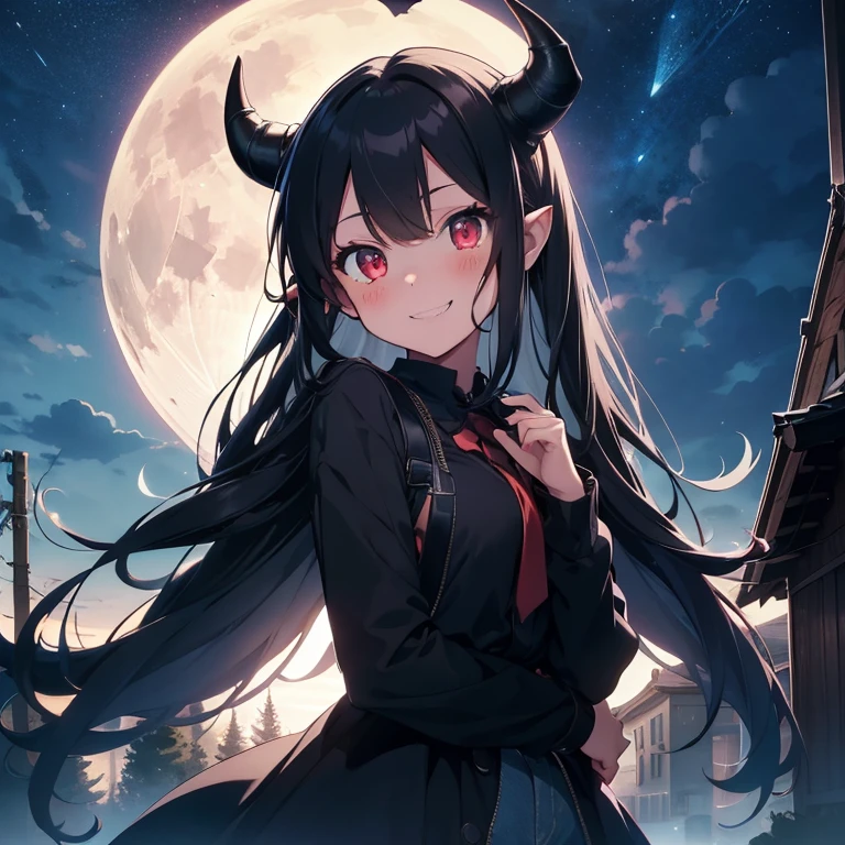 Masterpiece, best quality, high quality, 1girl, Solo, has Long hair, has Black hair, pointy ears, full-face blush, has Demon Horns, bat wings on her back, has Red eyes, beautiful and detailed eyes, Fangs out, wears a Blue Coat with farmer jeans, looking at viewer, grin, from behind, looking back, beckoning, see-through sleeves,
outdoors, full moon in the Background, dappled moonlight, Night sky, scenery, volumetric lighting, low key, high contrast, dark theme, vivid color, very aesthetic, absurdres