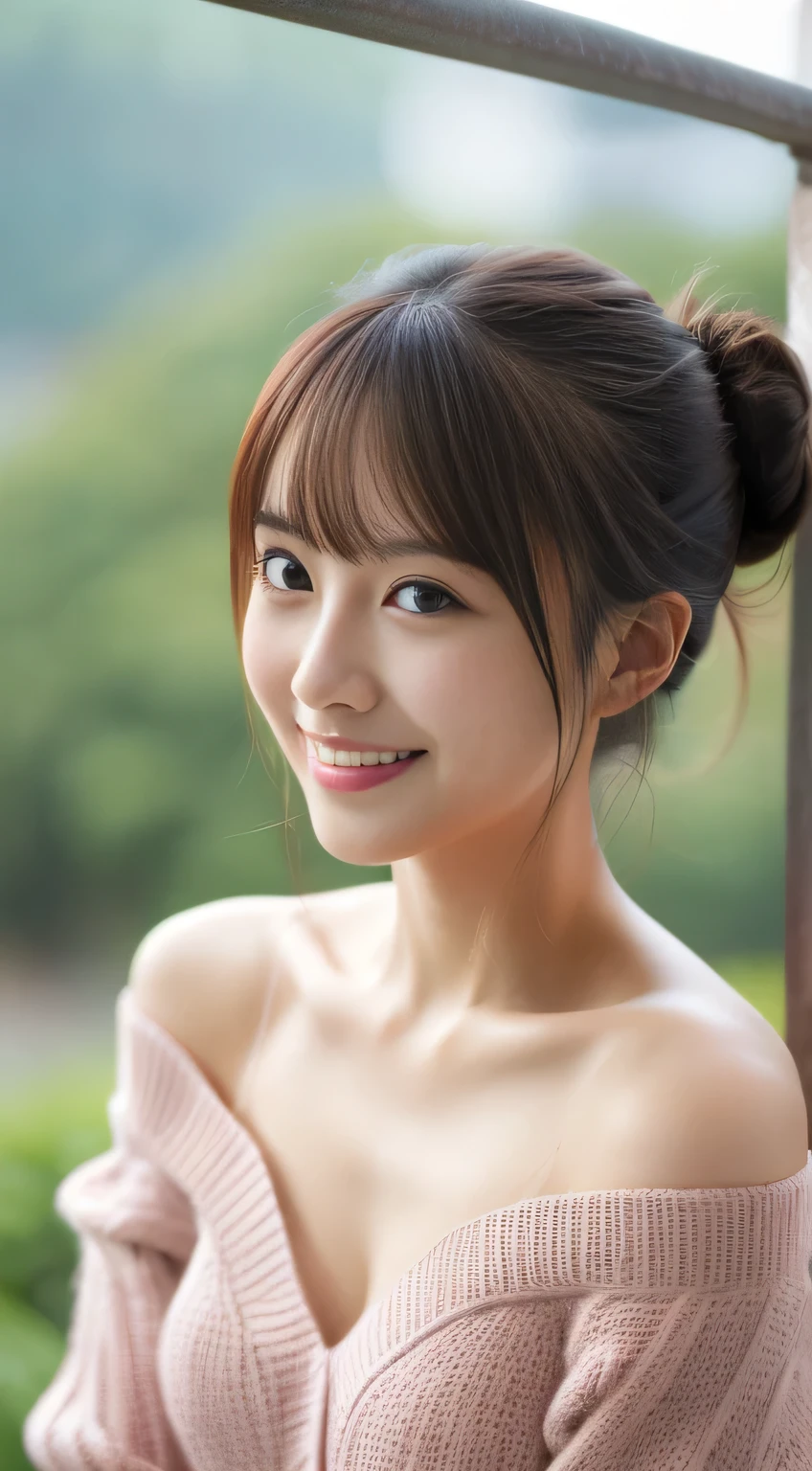 masterpiece,best quality,(Japanese girl),((Beautiful girl)),cleavage,(off shoulder:1.2),(perfect body beauty:1.2),(shy smile),from above