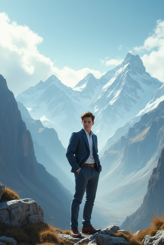 A alone smart and handsome boy in the mountains