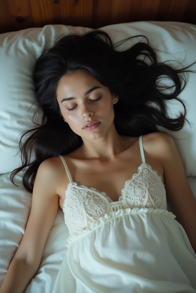 ((The Peeping Tom's Perspective)) A beautiful, young girl in a white silk nightgown lay in bed.Her long, black hair was spread out on the pillow.The girl slept soundly.