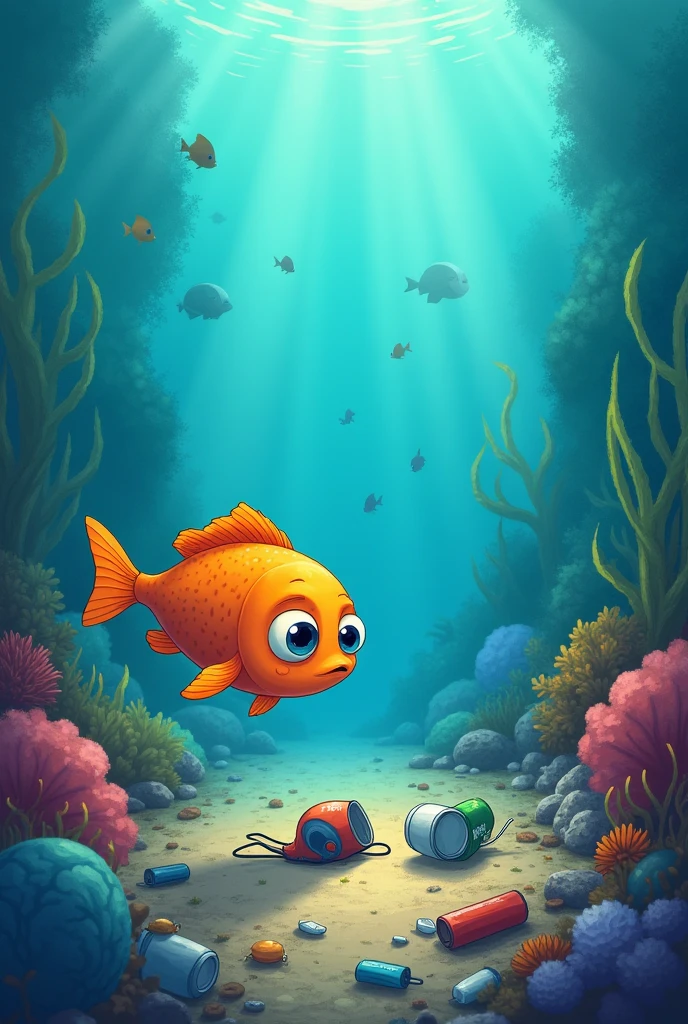 anime,In the sea,There is trash on the ground,A small fish finds trash