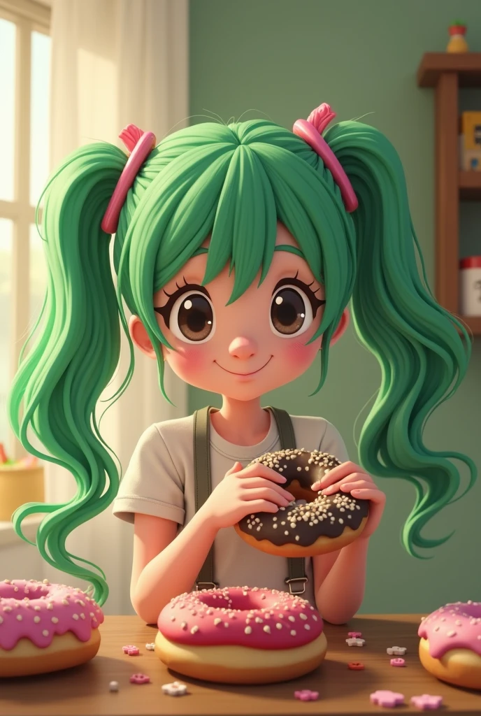 A girl with two green pony tail and her father green hair and donut