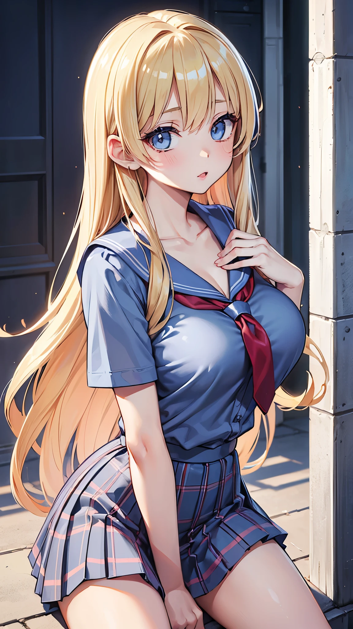 (masterpiece, 最high quality, 超High resolution, Very detailed), (Realistic:1.1, photoRealistic:1.4), Perfect illustration, Perfect lighting,Hair in perfect detail, Perfect and detailed face, Perfect collarbone, Perfect body,Juicy breasts, Perfect Thighs, Beautiful feet, View your viewers, 1 Girl,Perfect Face, (Perfect Anatomy, Anatomically correct), Symmetrical face、((Shiny Hair)),Sexy Body、(masterpiece),(最high quality：1.3),8k,Very clear,(Ultra-realistic),,Captivating woman,(high quality, High resolution, Fine details), Realisticなスタイルの女性,Juicy breasts、One perfect woman、Perfect Face、Symmetrical face、Baby Face、((Large Breasts))、Cleavage、blush、((Juicy lips))、(((long straight blonde hair)))、((Big double blue eyes、Long eyelashes))、((Red makeup))、(((Collared short-sleeved shirt、Light blue shirt、Grey plaid pleated skirt、Navy tie))、(((school uniform)))、Light blue panties、(Outdoor、On the road)
