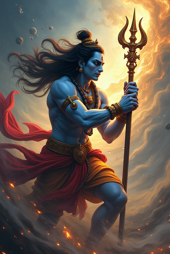 Draw a lord shiva kills a asur with trident