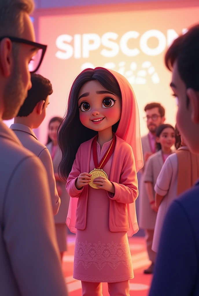 Create a pixar style image of Dr.Fida (must include name tag) a young girl wearing a pink chikankari and a shawl around her head winning a medal for a psychiatry quiz on a stage with delegates with a background of SIPSCON 2024 written on it