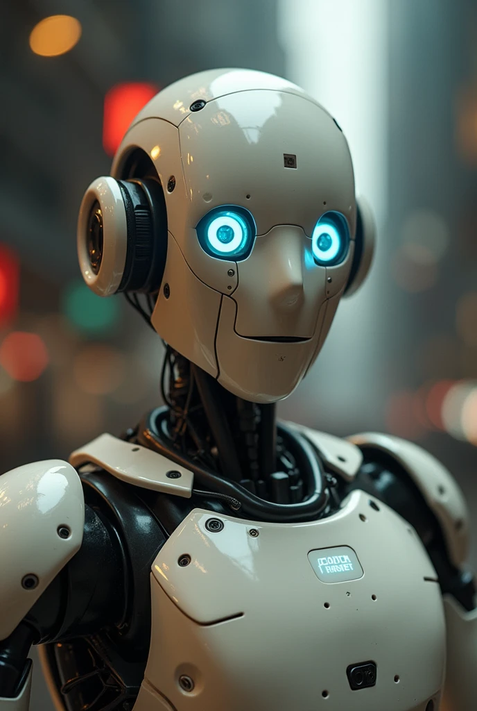 robot man, looking to the camera, with a face smiling, with a little bad intention