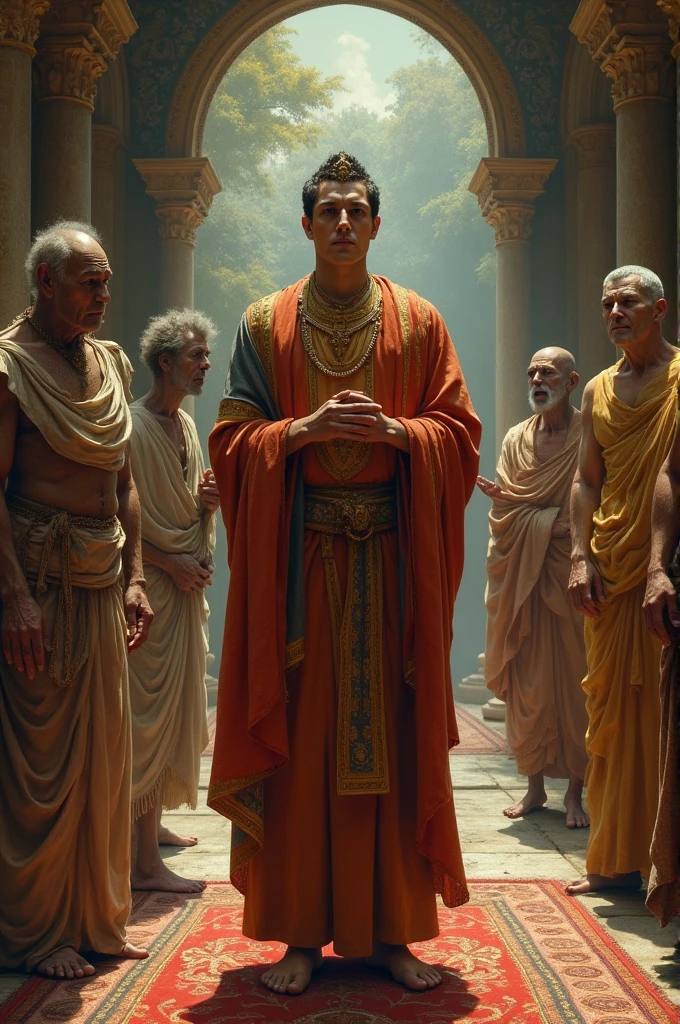The Four Sights: Create a scene where Siddhartha Gautama, dressed in rich royal garments, encounters the Four Sights—a sick person, an old person, a corpse, and an ascetic. Each figure should be distinct and convey their condition powerfully. Siddhartha's expression should reflect his shock and deep contemplation, contrasting with the opulence of his surroundings.