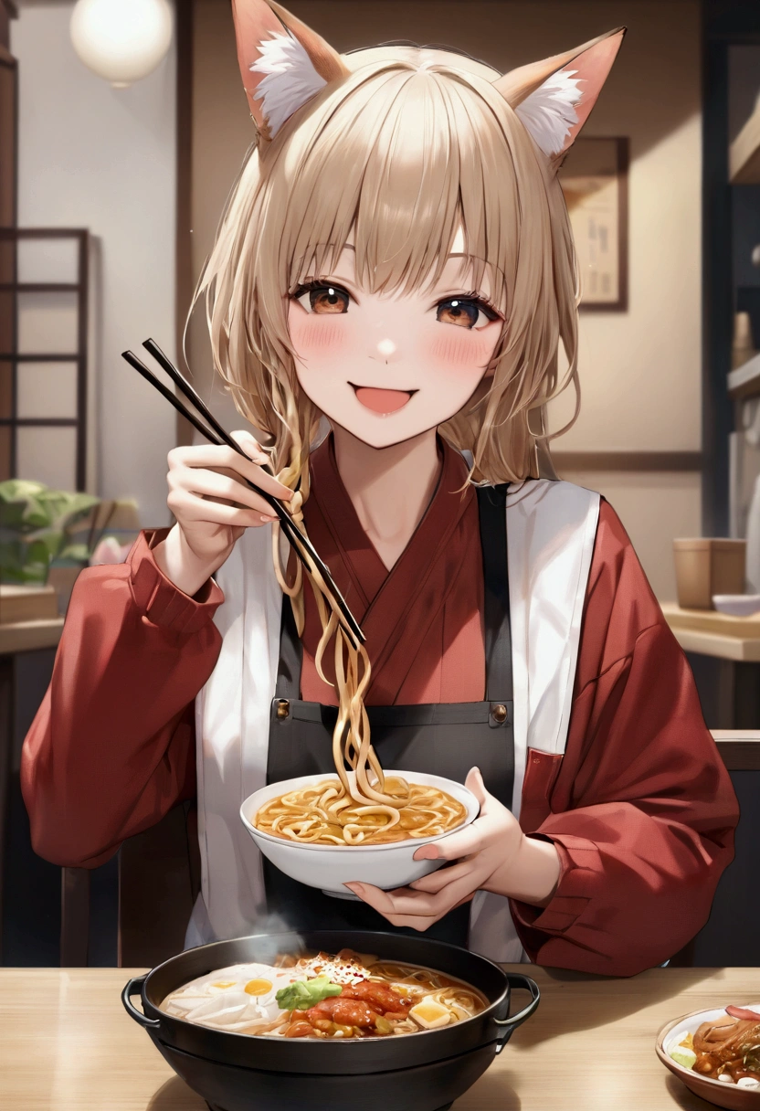 One person,Fox-eared girl,Udon、(((深い器の中に薄っぺらい黄褐色の札の入ったUdon)))、,Chopsticks in the right hand,eat, looks happy、cute、Realistic Anime、