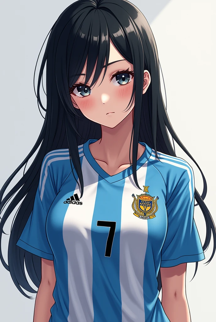 An 18-year-old girl, anime version with black hair, Boca Juniors team jersey (Argentine soccer team)