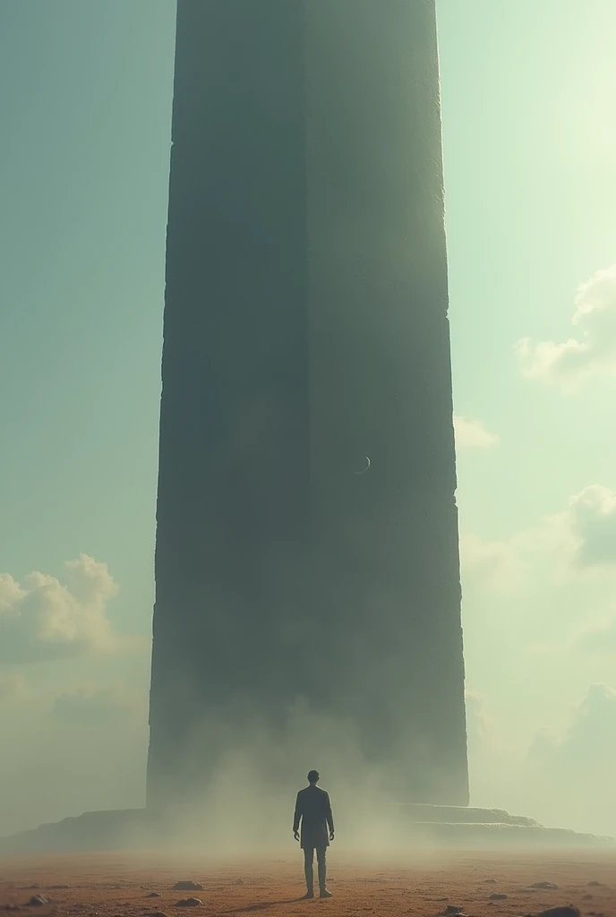 A monolith and a man standing in front of it