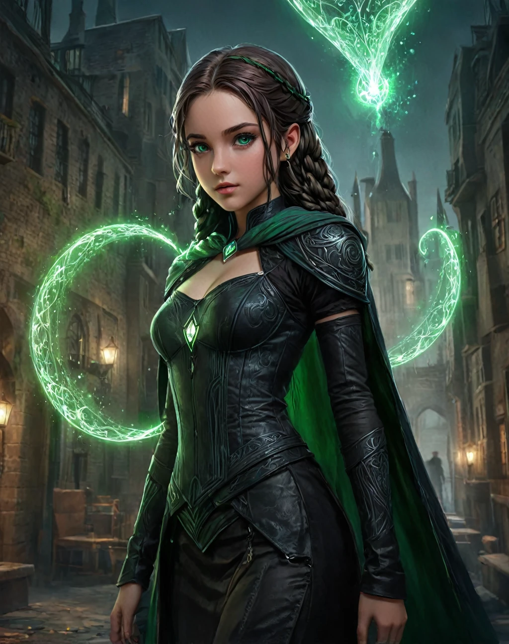 (masterpiece:1.1), (highest quality:1.1), ultra-high quality, HDR, (ultra detailed original illustration), glitch, (original illustration composition), 1 girl, young 11 year old girl,daughter of severus snape, green eyes , green eyes, dark brown fishtail braid, (style-swirlmagic:0.8), solo, half shot, looking down, detailed background, detailed face, infused with power, techno-wizard, technomancer, [magic|technology], intertwining of spellcraft and engineering, [enchanted robes|mechanical gear], tattoos, gadgets, cape, [tubes|magical lights], [elemental manipulation floating particles, mystical energy conduit, [electric|ethereal] aura, fantasy portal in background, volumetric lighting, cinematic atmosphere,
