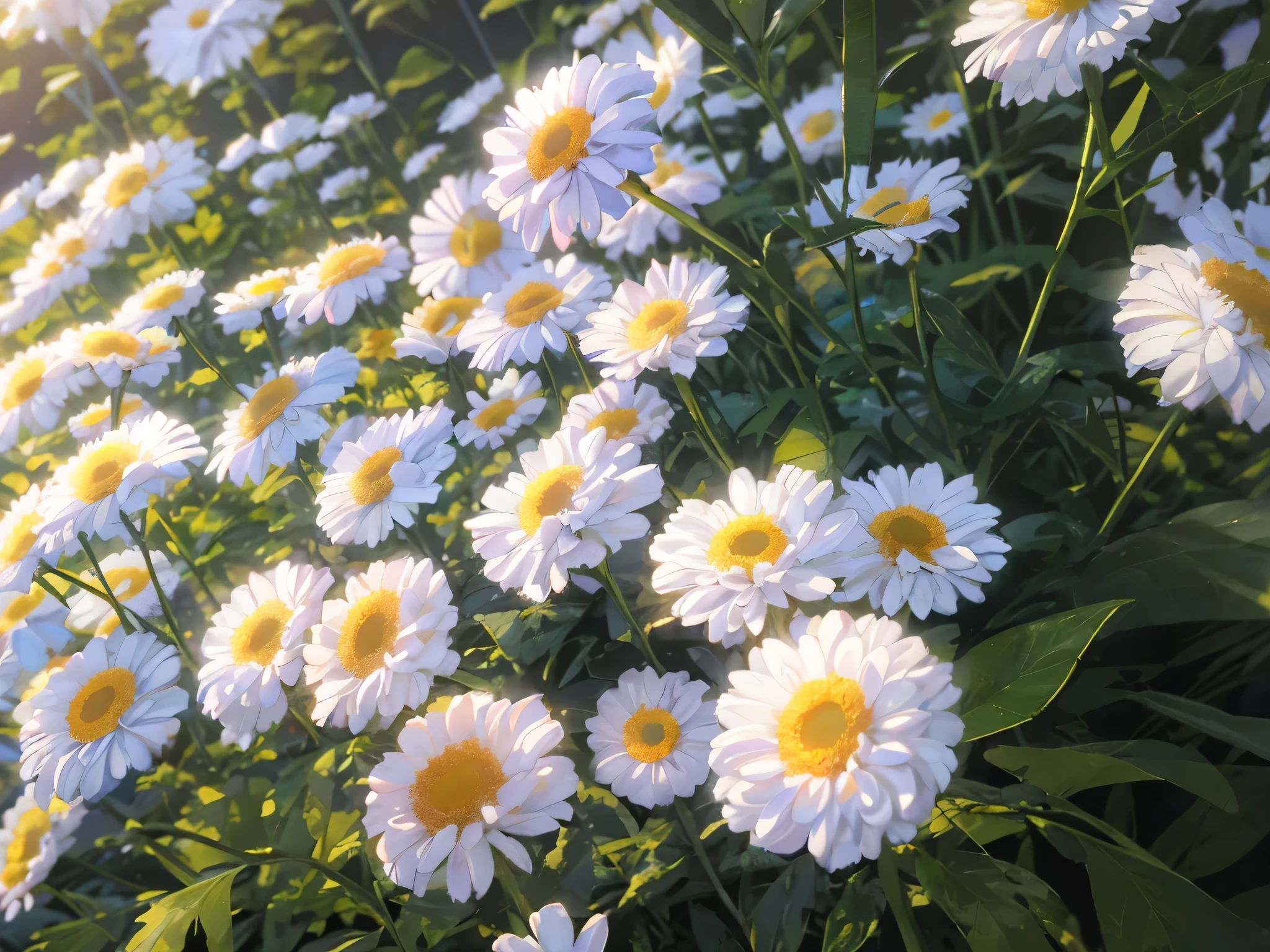 there are many white flowers that are growing in the garden, white flowers, chamomile, an aesthetic field of flowers, lots of little daisies, daisies, chrysanthemum eos-1d, giant white daisy flower face, white flower, beautiful flowers growing, marigold celestial vibe, in a cottagecore flower garden, flower garden summer morning, (Masterpiece), (best detail), (Best quality), (((2D))), happy, small, (Young), good-looking