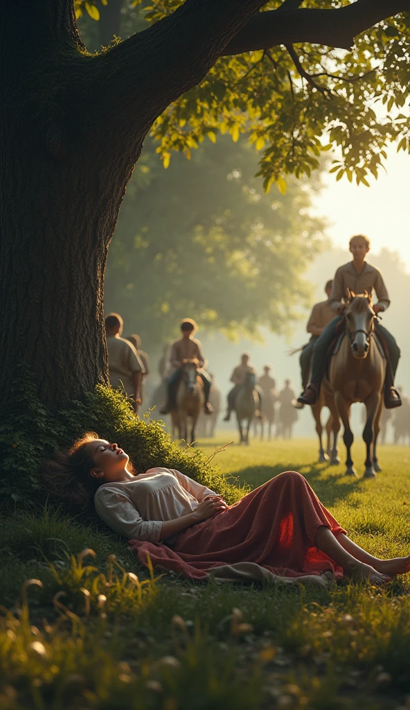 Some girl is lying sick under a tree and some people are walking by her side and some people are looking at her and some people are helping her and some boys are riding on a horse, the picture frame size is 16:9 realistic people and cinematic. will show