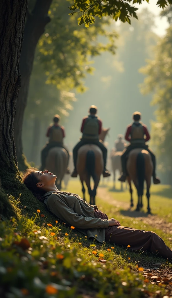 Some girl is lying sick under a tree and some people are walking by her side and some people are looking at her and some people are helping her and some boys are riding on a horse, the picture frame size is 16:9 realistic people and cinematic. will show