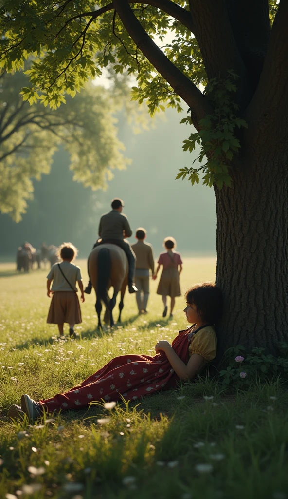 Some girl is lying sick under a tree and some people are walking by her side and some people are looking at her and some people are helping her and some boys are riding on a horse, the picture frame size is 16:9 realistic people and cinematic. will show