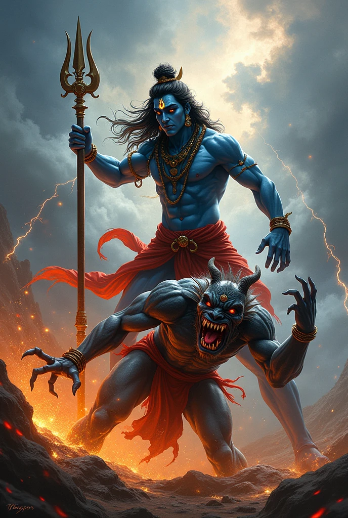 Draw a lord shiva kills a demon with trident
