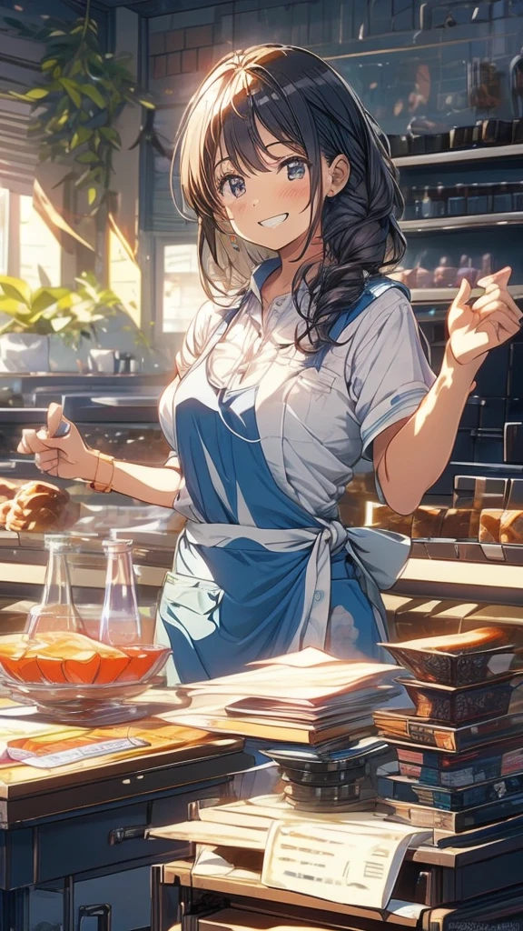 young woman,smile,((Standing inside the cash register)),Touching the cash register machine,Customer Service,((There is a cash register on the table)),(Scanning product barcodes at the cash register)),Supermarket clerk,Wearing an apron,uniform,((Working as a cashier)),((Cashier)),((cashier,register,)),((Receive money from customers)),There are products on the shelves,In the supermarket,Bright interior,grocery store