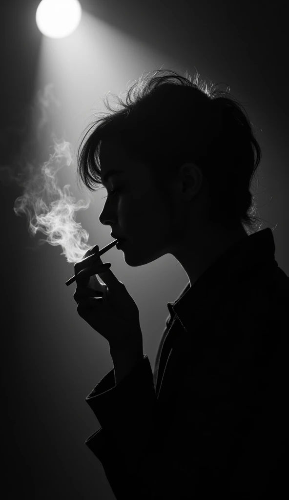 a photo realistic picture of a woman can be seen smoking a cigarette, in the style of monochromatic masterpieces, strong contrast between light and dark, dramatic lighting , in the style of silhouette photography , provide a variation of camera angels romantic emotivity