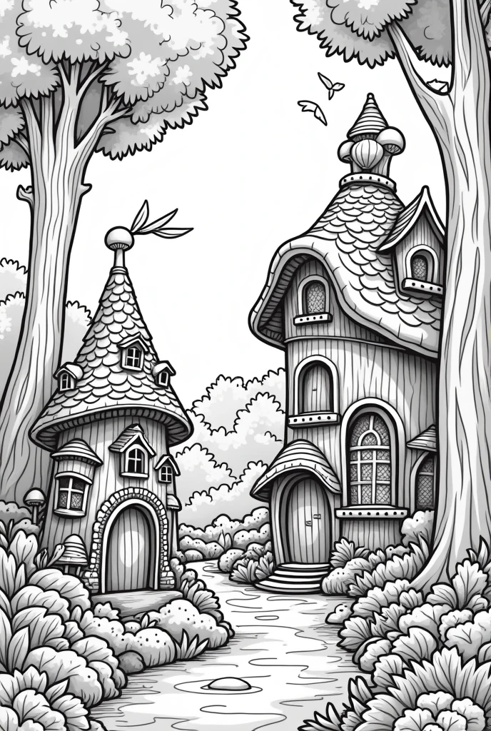 Fairy house coloring book pages nature background black and white high details illustration esay with bold