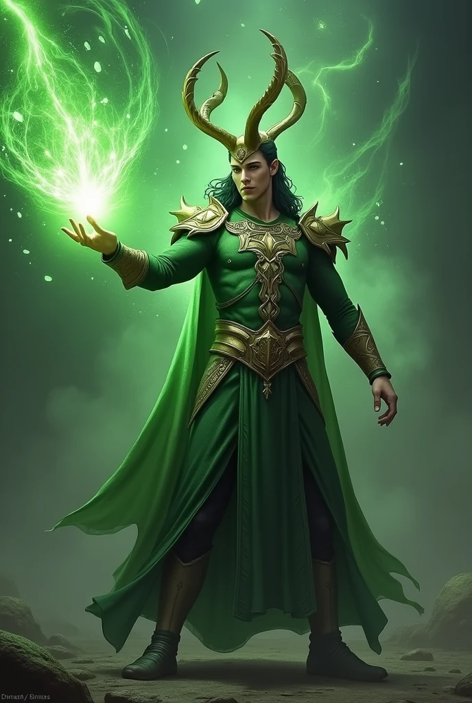 Loki with horn shooting green energy blast from his hand 