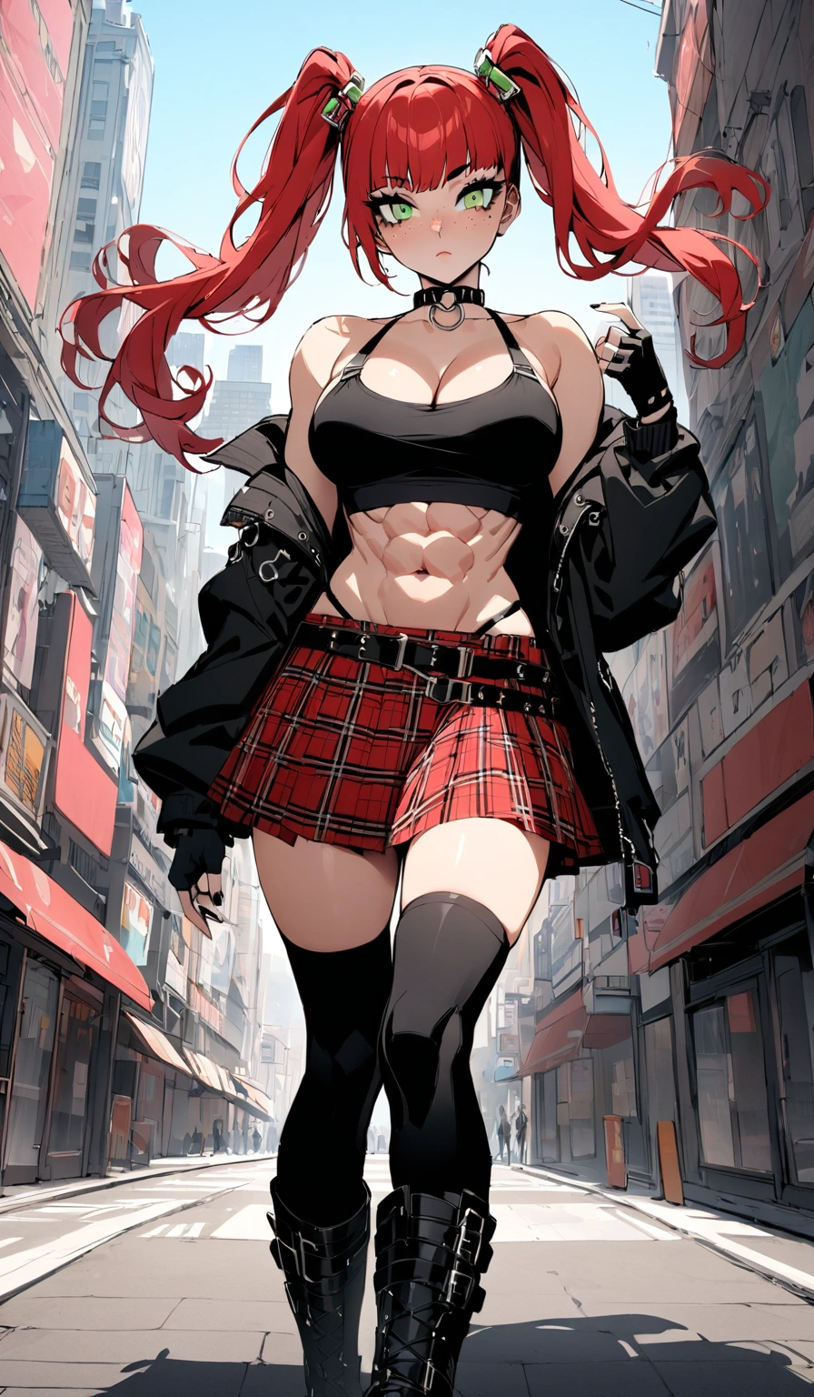 woman, curly red hair in pig tails, green eyes, black eyeshadow, wearing crop top black shirt, long black jacket, red plaid skirt, (black knee high boots), black fingerless gloves, exposed shoulders, large breasts, freckles, abs, cleavage, looking at viewer, masterpiece, best quality, Holo-Punk Style, in the city