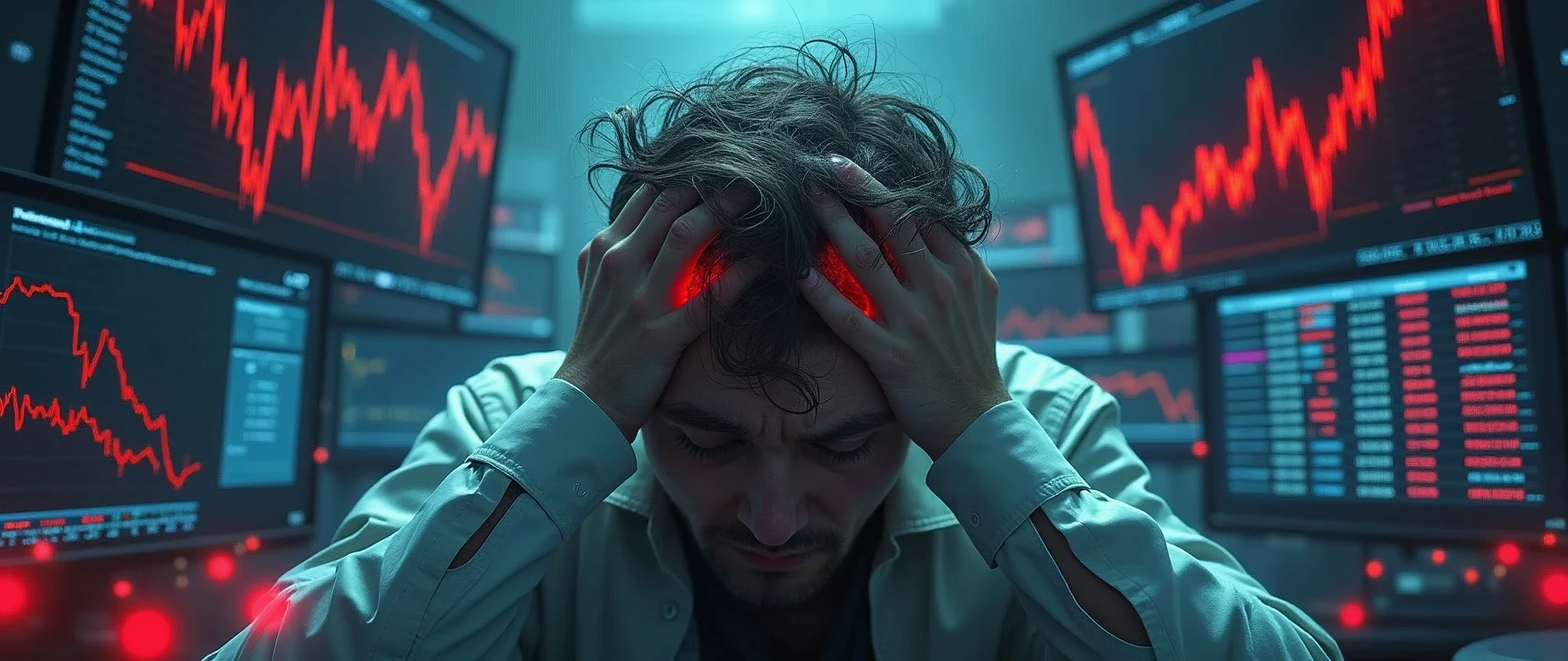 stressed stock exchange trader, overwhelmed and distraught, struggling to comprehend a sudden stock market collapse, surrounded by screens displaying plummeting red graphs and negative ticker information, financial crisis concept vividly portrayed with a stock broker in despair, intense focus on the emotion of shock and frustration, dark and tense atmosphere with harsh lighting emphasizing the urgency and severity of the situation, real-time data flashing in the background, capturing the chaos and anxiety of a market crash