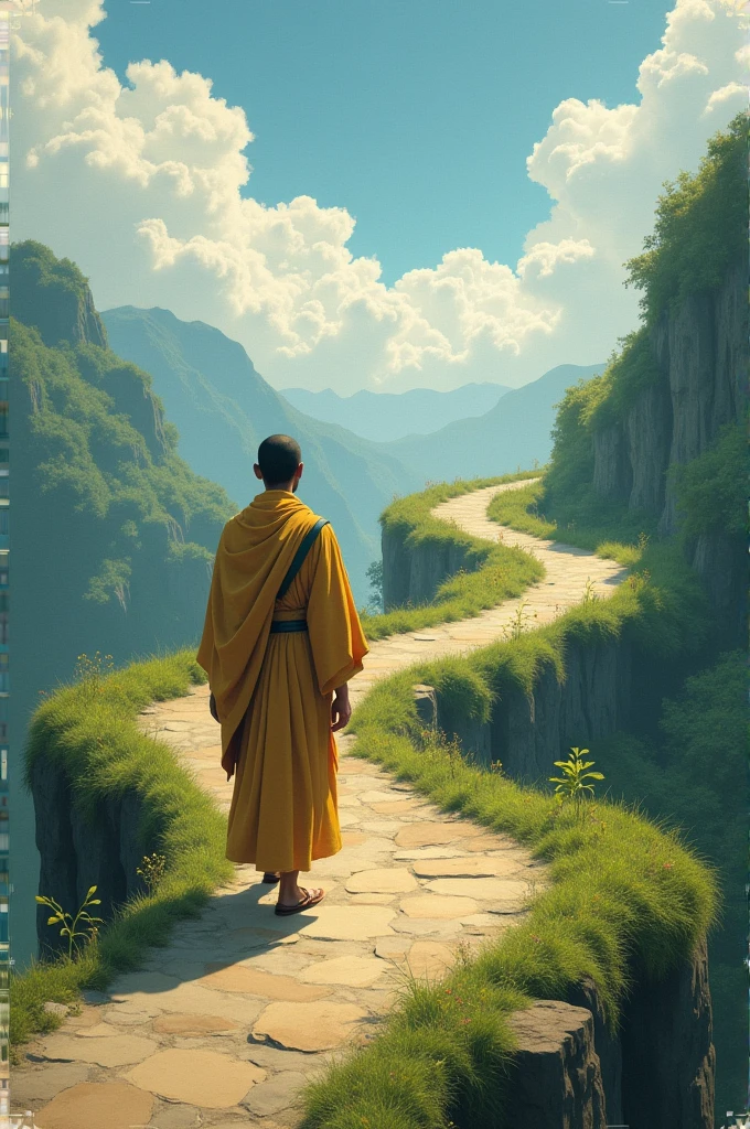 The Middle Way: Illustrate Siddhartha Gautama walking along a path that represents the Middle Way. The path should be balanced, not too steep or too flat, with serene nature on both sides. Siddhartha is in simple robes, looking calm and resolute, symbolizing his rejection of both extreme asceticism and indulgence.