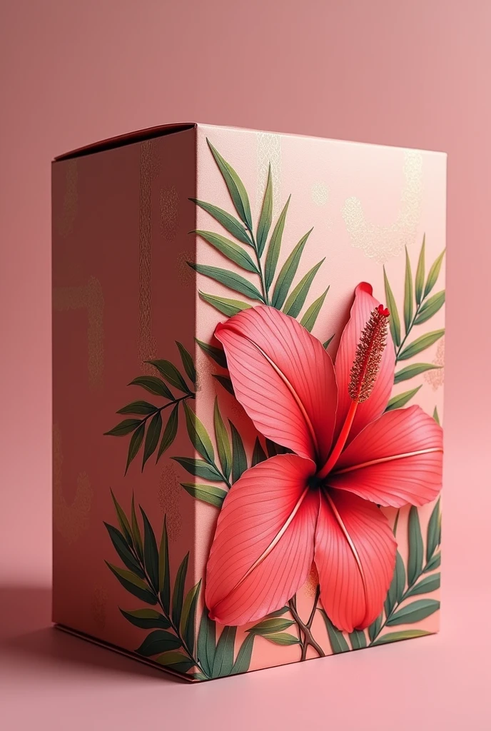 Tropical floral cardboard box designs for storing perfume  , of luxury and elegance , Pink gold color and elegant red flower 
