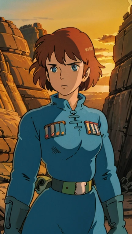 (1girl, Nausicaa), (extremely detailed CG unit 8k wallpaper),(master part), (best quality), (ultra detail), (best illustration),(ghibli style), cowboy shot, (Sharp eyeliner, ombre, detailed eyes:1), desert ruins, outdoors background, ,break , (GHIBLI_Background), upper body, 