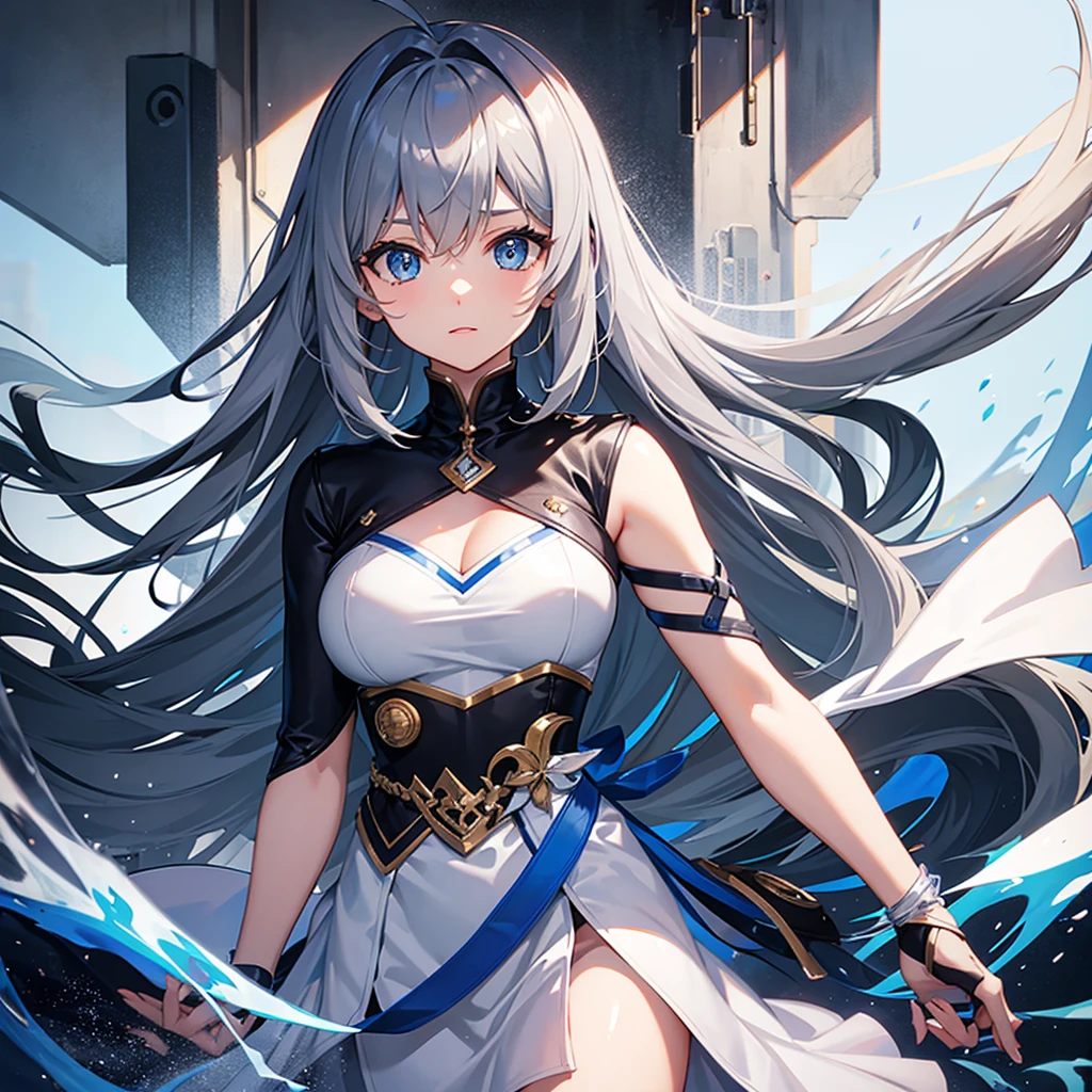 One girl, Long Hair, Bangs between the eyes, Gray Hair, Character portrait, blue eyes, Anime Style, Ahoge, Character design drawings,