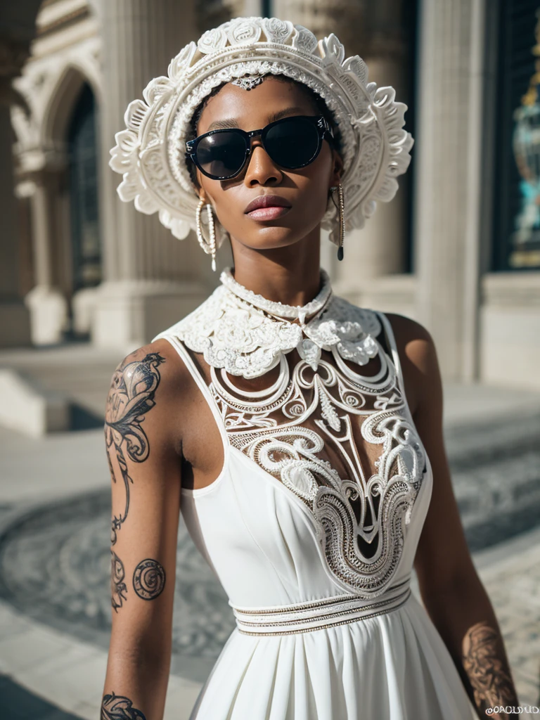 black fashionista in a white dress by Gucci, in sunglasses, sublime
intricate design, 3d printed silicone dress, tattooed skin, inspired
by Daphne Allen, symmetrical, intricate, trending on Artstation,
dystopian scifi outfit, looks like Crystal Kay, carved ivory, mysterious, intricate,
ultra high quality model, masterpiece, sharp focus, depth of field
