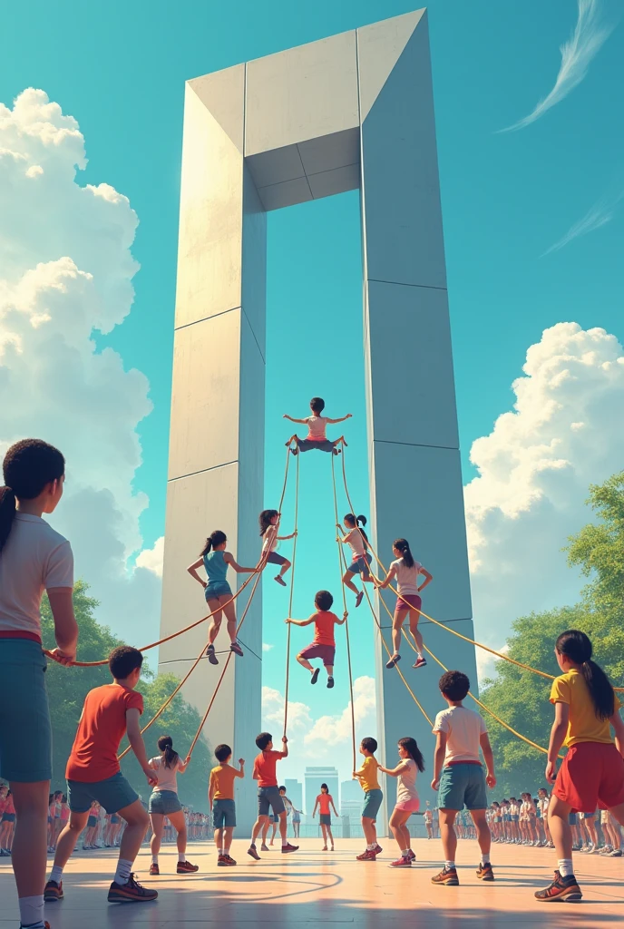 People playing double dutch with a monolith