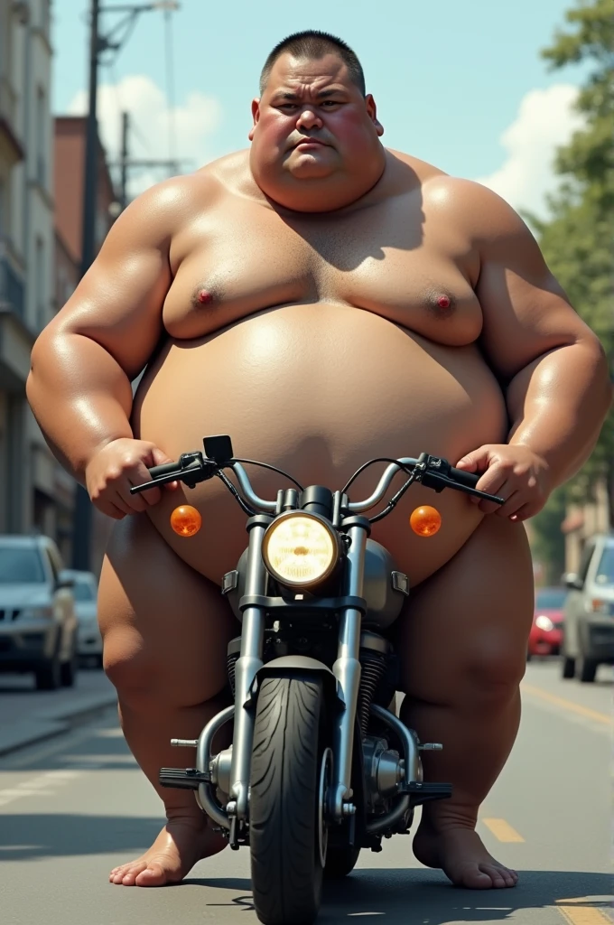 A hyper-realistic image of an extremely obese man with an exaggerated, massive body that is covered with deep folds and creases. The man's belly and body are so large that they completely engulf the small motorcycle he is riding. His skin is brown, and he has a calm expression while wearing a helmet. The folds and rolls of fat are prominently visible, especially around his belly, arms, and thighs. The man’s size is so immense that it covers most of the motorcycle, and his feet barely touch the ground. The background is a simple urban street, and the focus is on the astonishing size and detailed texture of the man's body."