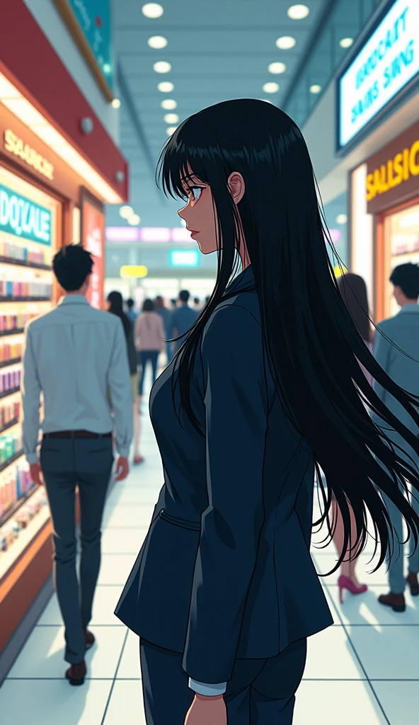 ((A woman with long hair)),Standing on the side of the street,Black Hair,Ladies suits,((A disappointed and sad expression)),Japanese comic style,Choosing cosmetics in a shopping mall,Shopping。looking at the back of a man with short hair