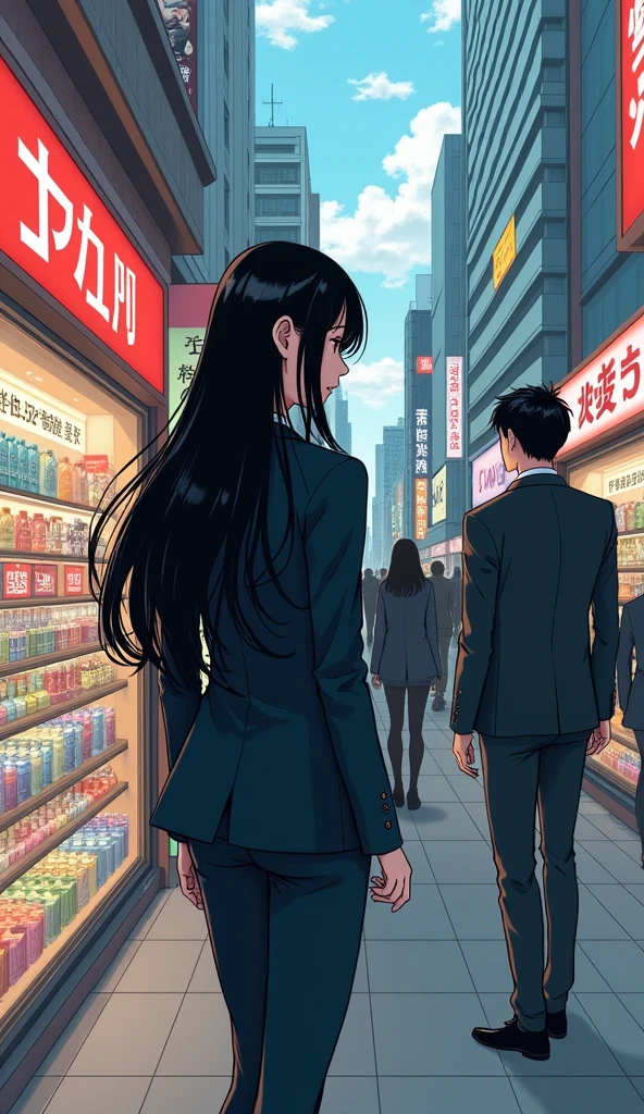 ((A woman with long hair))，Standing on the side of the street，Black Hair，Ladies suits，((A disappointed and sad expression))，Japanese comic style，Choosing cosmetics in a shopping mall，Shopping。looking at the back of a man with short hair