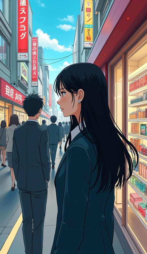 ((A woman with long hair)),Standing on the side of the street,Black Hair,Ladies suits,((A disappointed and sad expression)),Japanese comic style,Choosing cosmetics in a shopping mall,Shopping。looking at the back of a man with short hair