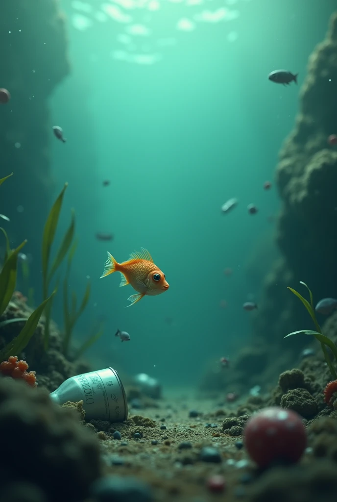 anime,In the sea,There is trash on the ground,A small fish finds trash