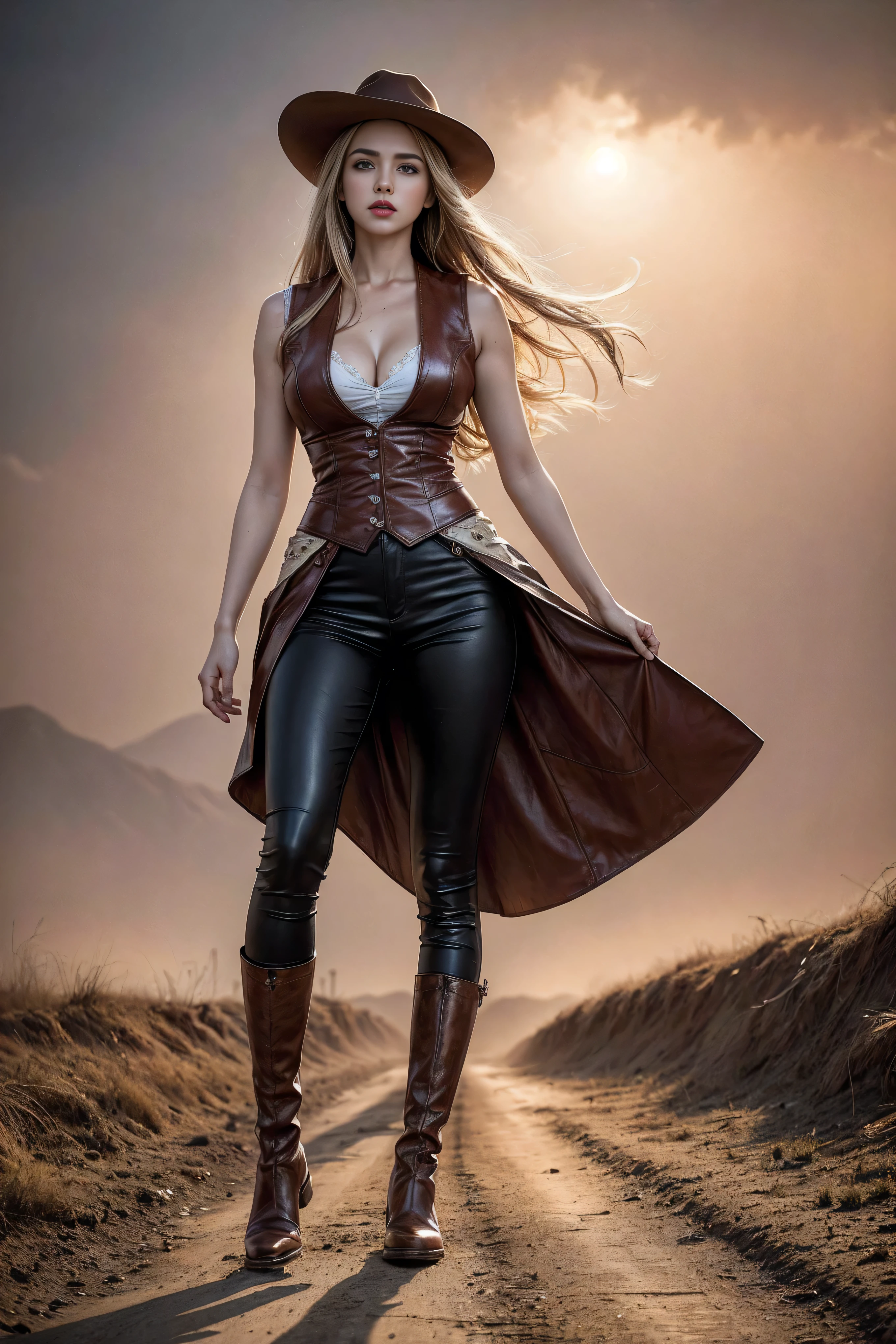 Full body cowboy woman circa 1880s, Long straight blond hair, Brown eyes, High arched eyebrows, Slender and graceful neck, Red lips, Large Breasts, Brown Leather Tights, Sleeveless Brown Leather Vest, Leather Boots, Walking on the dusty sandy streets of a deserted North American town,The wind blew through her hair, Practical, photoPractical, photoPractical, fear, Dark gloomy atmosphere and dramatic lighting, dark red, Foggy environment, Detailed facial expressions, Terrible fog