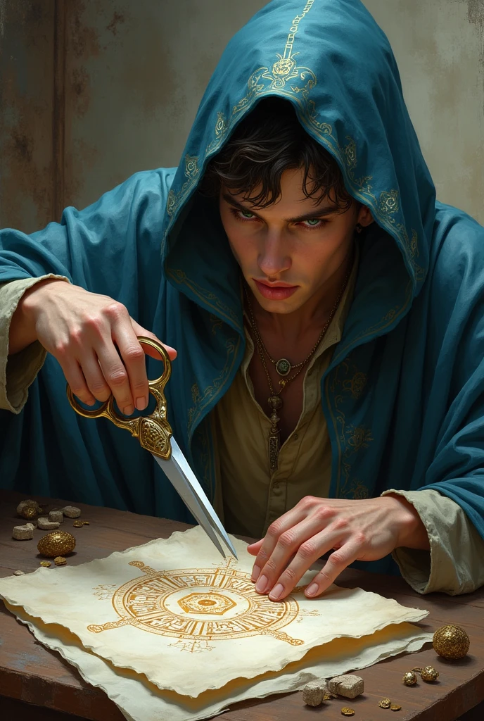 Young witch man holding scissor and art paper