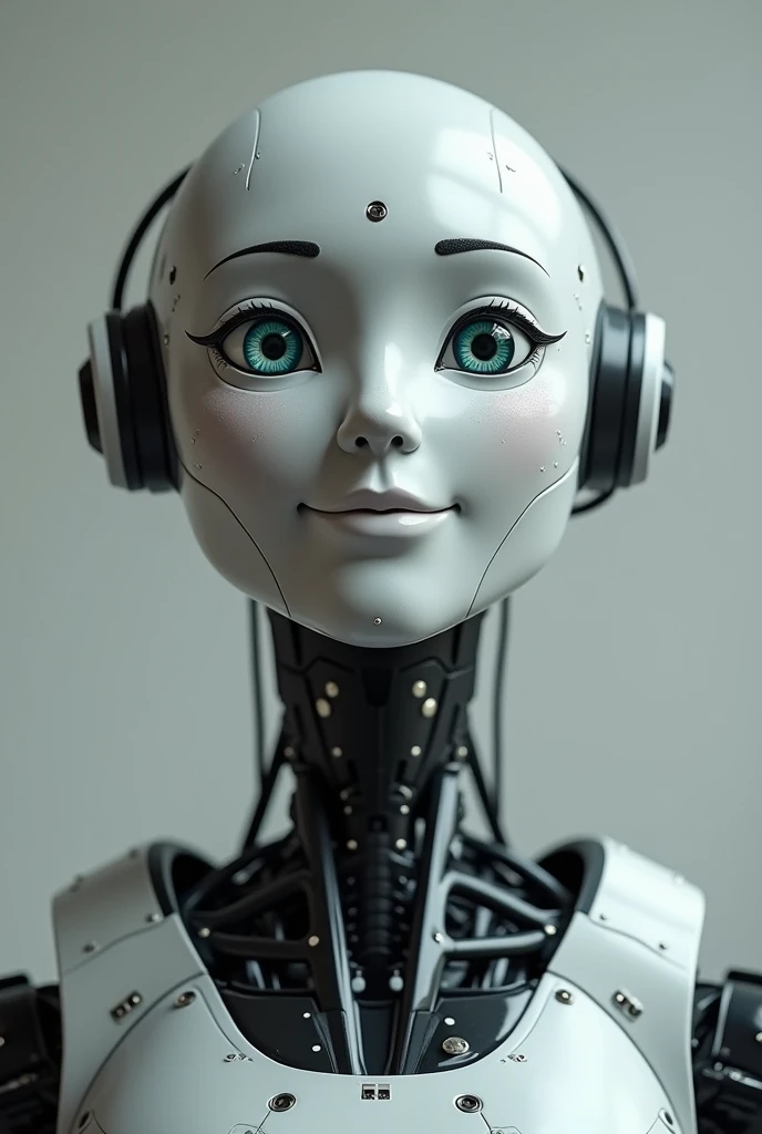 robot man, looking to the camera, with a face smiling, front face