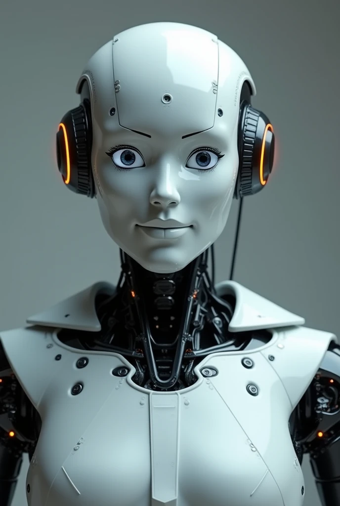 robot man, looking to the camera, with a face smiling, front face