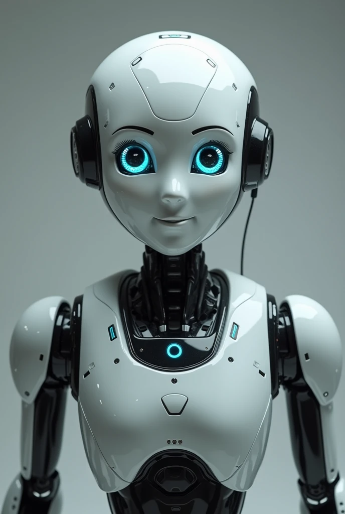 robot man, looking to the camera, with a face smiling, front face
