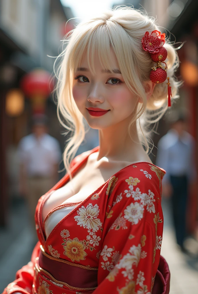 Highest quality、8k wallpaper、reality:1.4、Photographed by a professional photographer、Cinema Lighting、View your viewers、background:Kyoto street corner、1 beautiful girl、Japanese Idols、19 years old、Beautiful and detailed、Detailed face、Beautiful Skin、thin、Narrow waist、thin脚、Red lipstick、blonde: 1.8、Fancy hairstyle:1.8、Random hair color、Light Hair、Asymmetrical bangs、Hair decorated with elegant and delicate hairpins、Kimono with vibrant traditional patterns:1.2 、smile:1.5,Seductive pose,The chest is slightly visible,Large breasts sagging due to gravity, Spread your legs,
