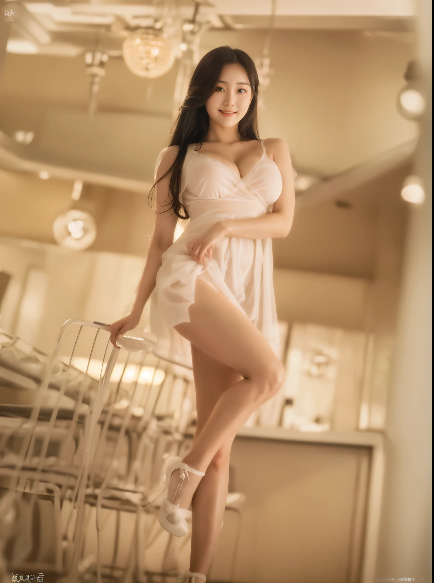 (Delicate skin:1.2),(Glowing skin:1.1),8K,best quality, masterpiece, Ultra-high resolution,(Practical:1.4), RAW photos,(Soft saturation:1.3),(White skin:1.2),Japanese Idol,repair,20 years, black hair, long hair,Straight Hair, Asymmetrical bangs (Pretty Face:1.4), (Large Breasts, Tight waist), Beautiful Lights, Small head, (Sexy thighs:1.2,), Pink slip dress,The face is rich in detail, Highly detailed lips, Fine particles, Double eyelids,, full-body shot, (thighs, standing, leaning forward:1.3),, Clear focus: 1.2, Beautiful Women in Perfect Shape: 1.2、Lift one leg,Highlight the leg lines、Smile, Huge breasts