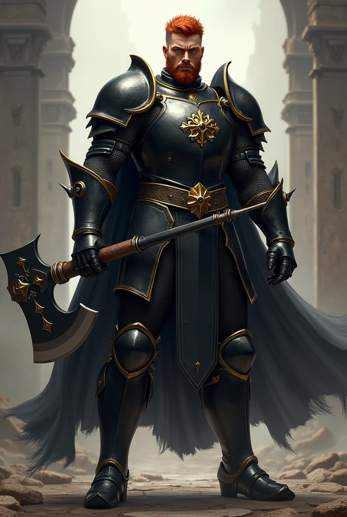 A male knight with short red hair and sturdy black armor with gold decoration armed with a two-handed axe