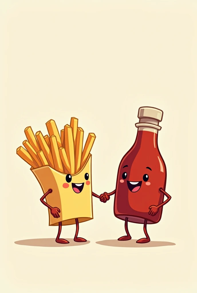 Cartoon drawing of French fries holding hands with a bottle of ketchup.