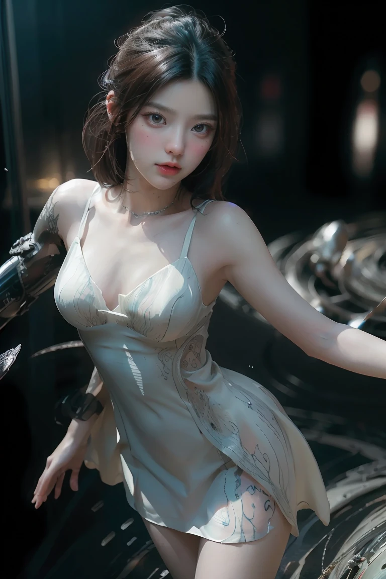 ((masterpiece, best quality)), ultra detailed 8k, photorealistic, sharp focus, highly detailed, professional lighting , shadowmancer, photo of a woman, ink particle, ((swirling black ink floating around)), futuristic fantasy, futuristic white dress, dynamic pose, realistic, masterpiece, intricate details, detailed background, depth of field,