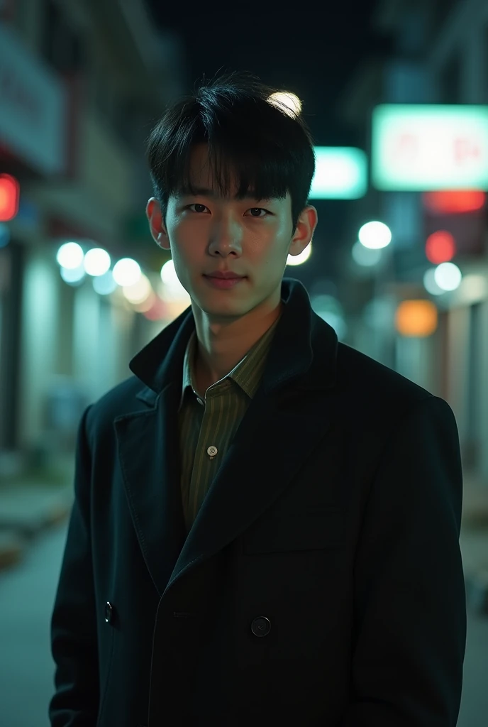 sex, masculine, Age 28, (Model, korea 연예인), (best quality:1.2, 8K resolution, mackerel:1.2), (Asian, korea, amazing:1.4), black short hair, Handsome, pale skin, (On the road:1.4), Nighttime, bar, dim lighting, abandoned, HD 8K image, masterpiece:1.2, confident smile, smarmy,