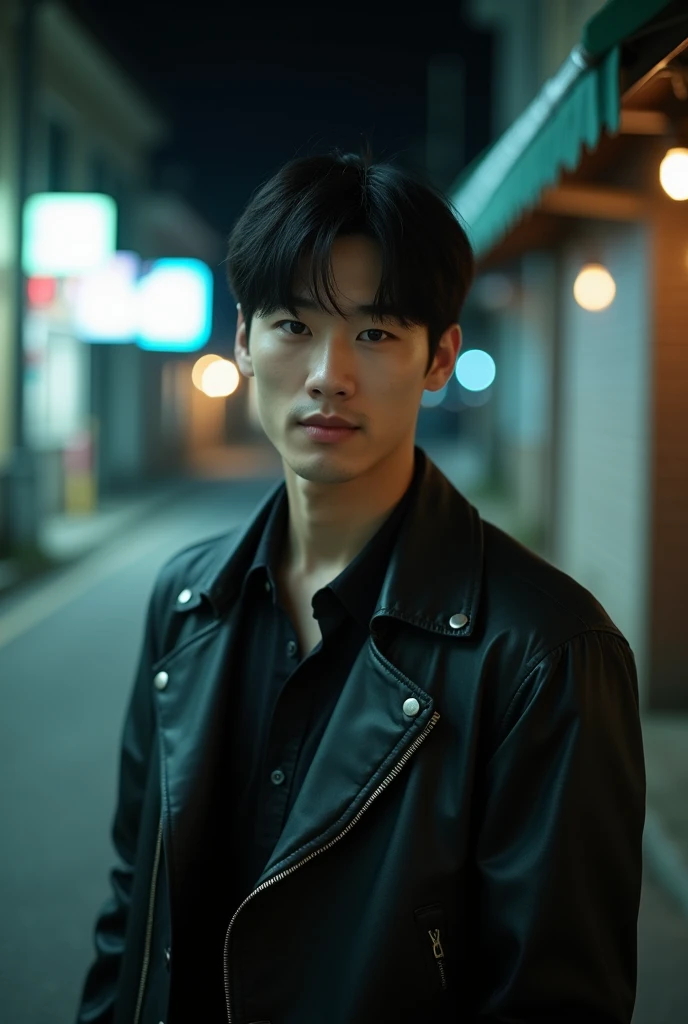 sex, masculine, Age 28, (Model, korea 연예인), (best quality:1.2, 8K resolution, mackerel:1.2), (Asian, korea, amazing:1.4), black short hair, Handsome, pale skin, (On the road:1.4), Nighttime, bar, dim lighting, abandoned, HD 8K image, masterpiece:1.2, confident smile, smarmy,