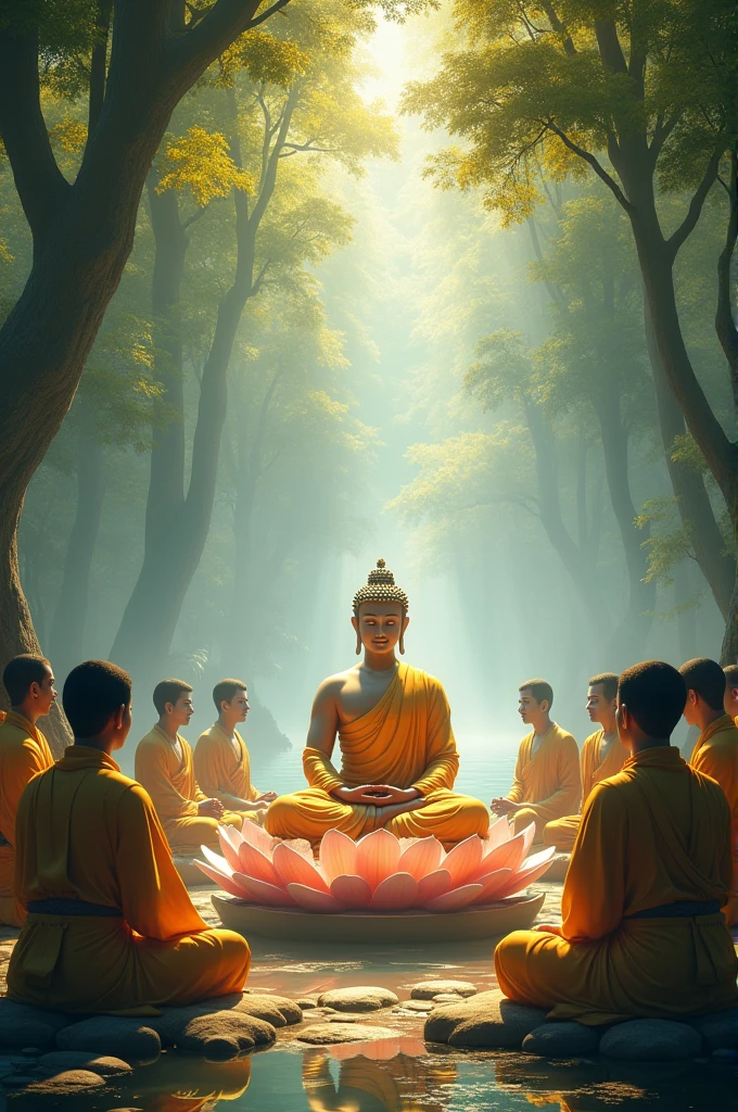 The Buddha Teaching: Show the Buddha sitting cross-legged on a lotus platform, surrounded by disciples and followers, both human and celestial. The setting is in a lush, tranquil forest or near the Ganges River, with soft sunlight filtering through the trees. The Buddha is depicted with a calm, compassionate expression as he teaches the Dharma, radiating wisdom and peace.